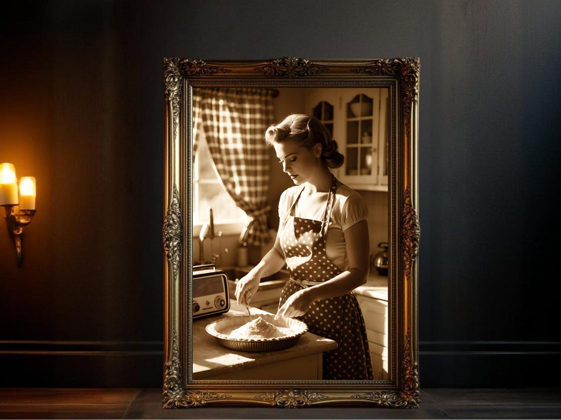 Retro Housewife Baking Pie in Polka Dot Apron, Sepia Kitchen Poster