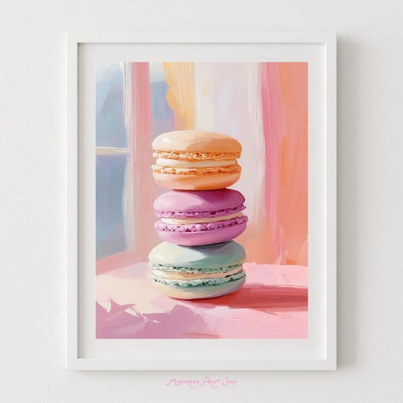 Pastel Macarons Art French Dessert Wall Decor Kitchen Sweets Print Bakery Gift Instant Colorful Food