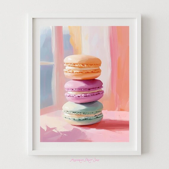 Pastel Macarons Stack French Bakery Sweets Painting Kitchen Poster