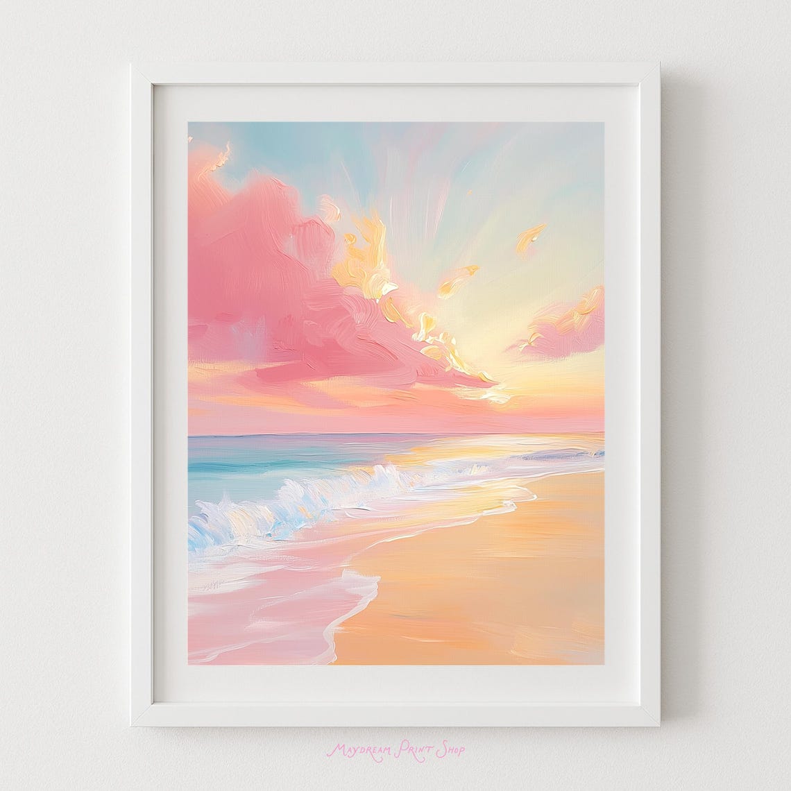 Pastel Beach Sunrise Pink Sky Ocean Waves Coastal Serene Poster