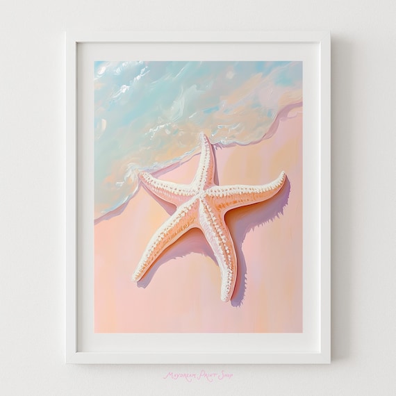 Starfish On Shore Art Print Pastel Beach Wall Decor Coastal Ocean Inspired Summer Seashell Bathroom Bedroom