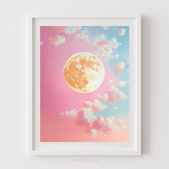 Glowing Pink Full Moon Dreamy Bright Pastel Night Sky Celestial Art Poster