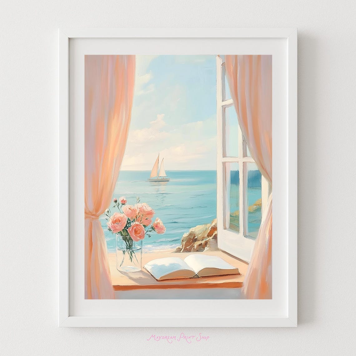 Seaside Window With Sailboat View Coastal Still Life Art Print