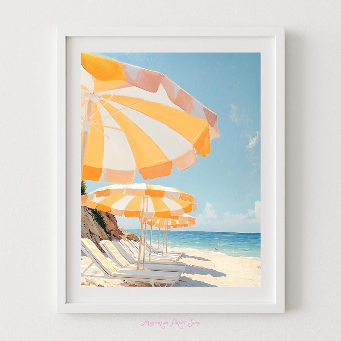 Yellow Striped Beach Umbrellas Turquoise Ocean Summer Art Poster