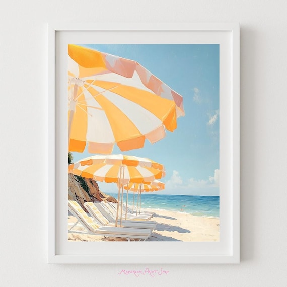 Yellow Striped Beach Umbrellas Turquoise Ocean Summer Art Poster
