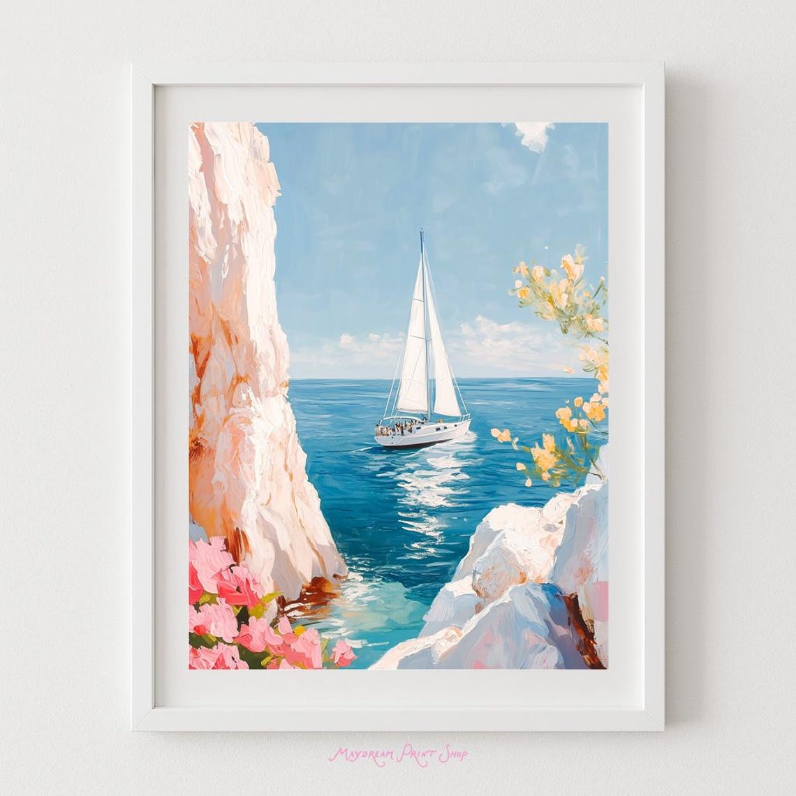 Mediterranean Sailboat Cliffside Coast Summer Seascape Poster