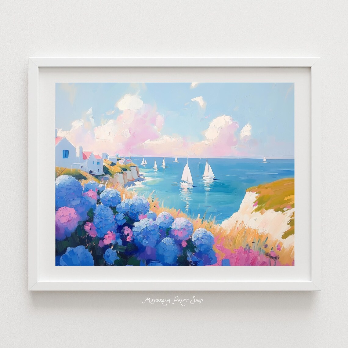 Pastel Coastal Village Sailboats Hydrangea Seascape Horizontal Art Poster