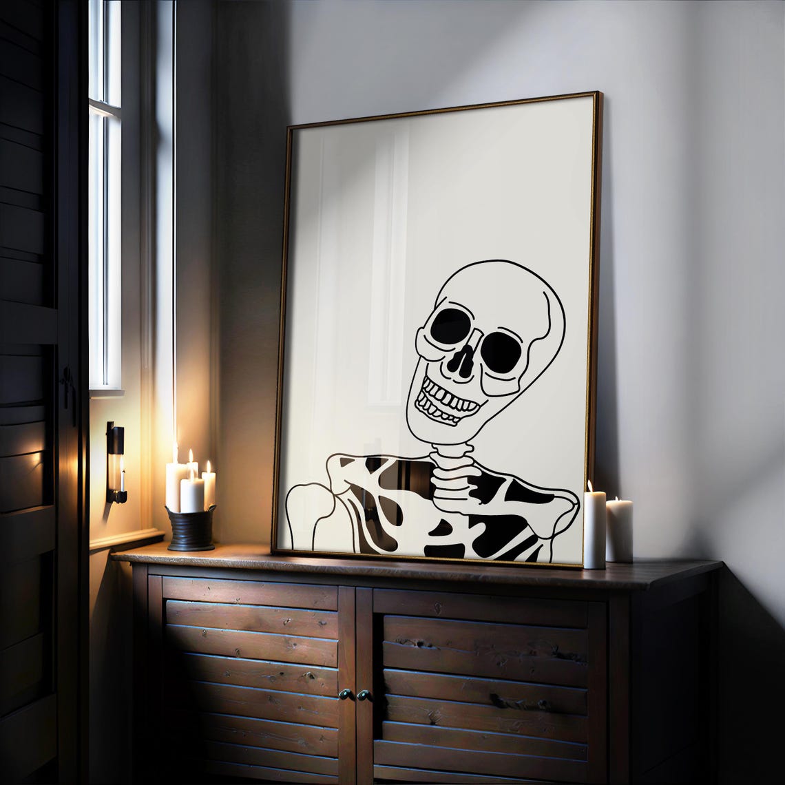 Grinning Skeleton Minimalist Bold Line Art Halloween Wall Poster - Image 2