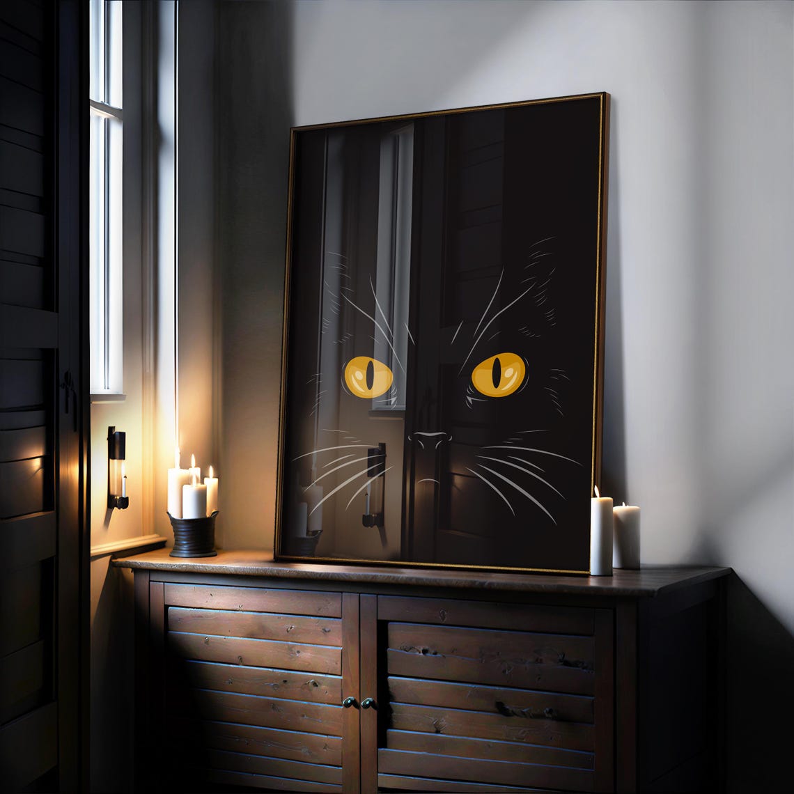Black Cat Golden Eyes Dark Minimalist Halloween Wall Art Poster - Image 2