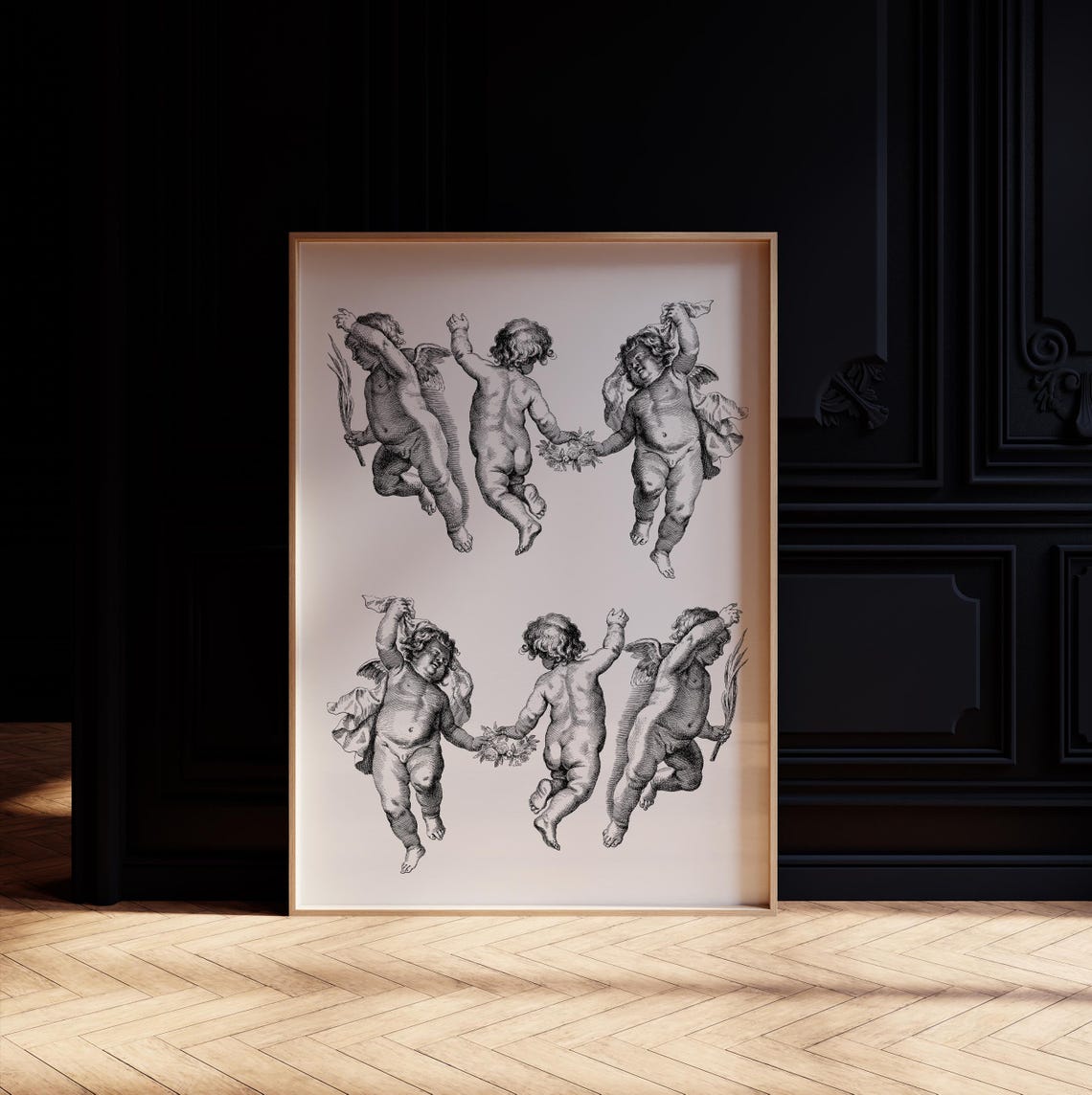 Dancing Cherubim Angels Engraving Classical Ink Sketch Wall Art - Image 2