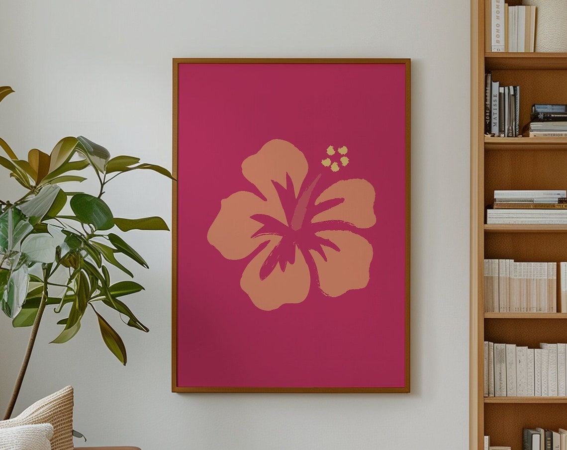 Peach Hibiscus Bloom Deep Magenta Tropical Botanical Statement Poster
