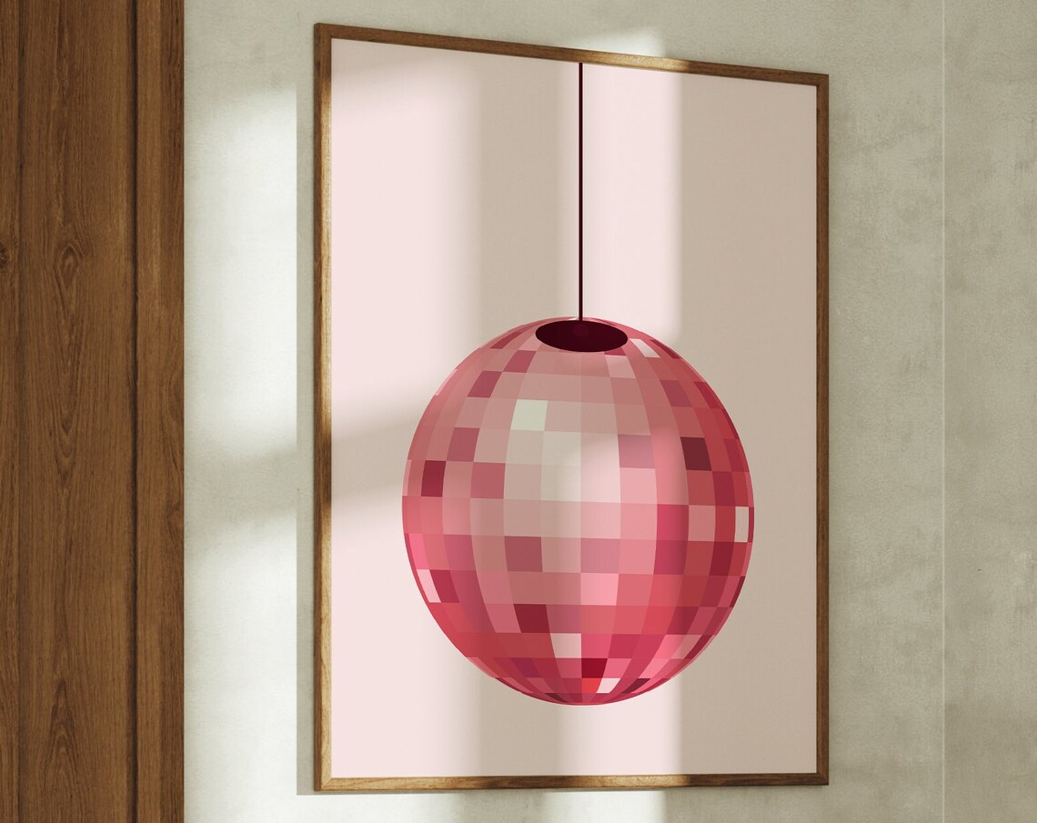 Pink Disco Ball Hanging On String Retro Party Minimalist Wall Art