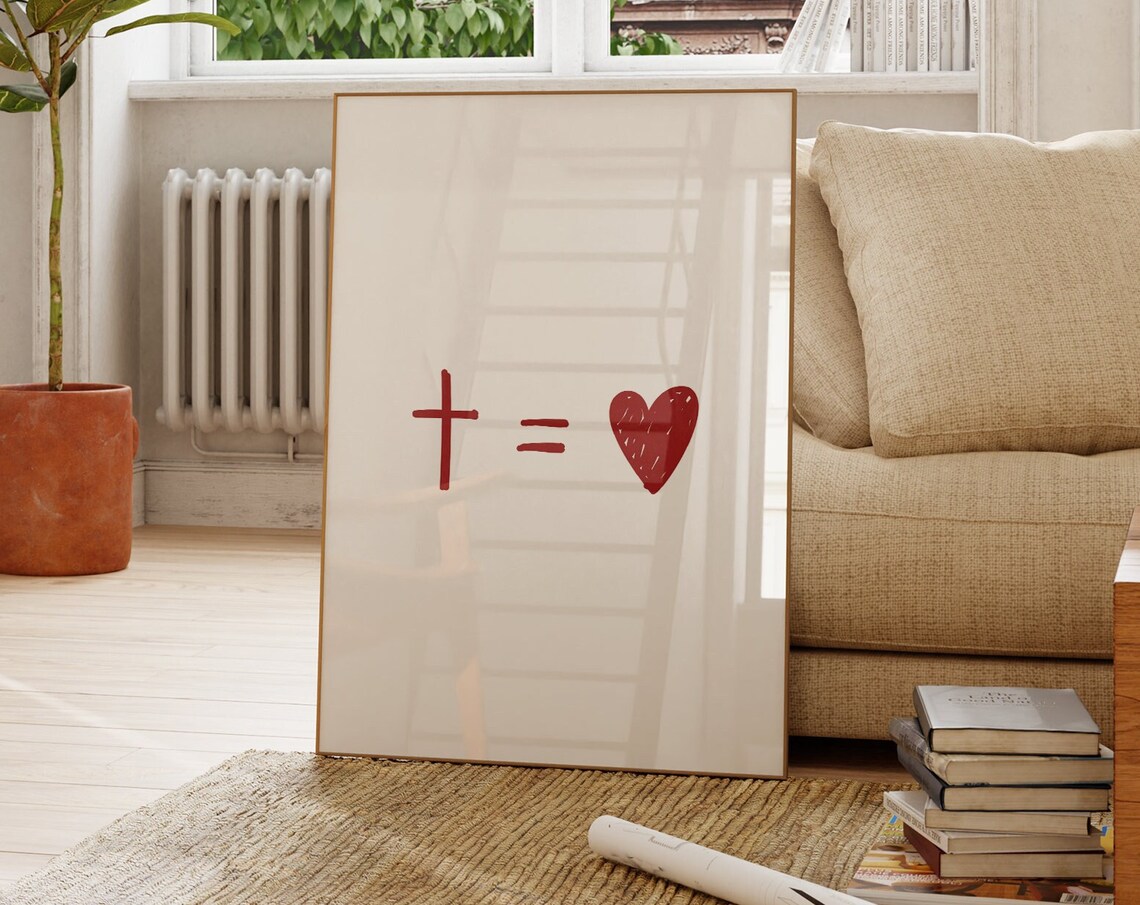 Cross Equals Heart Red Minimalist Christian Faith Symbol Art Poster