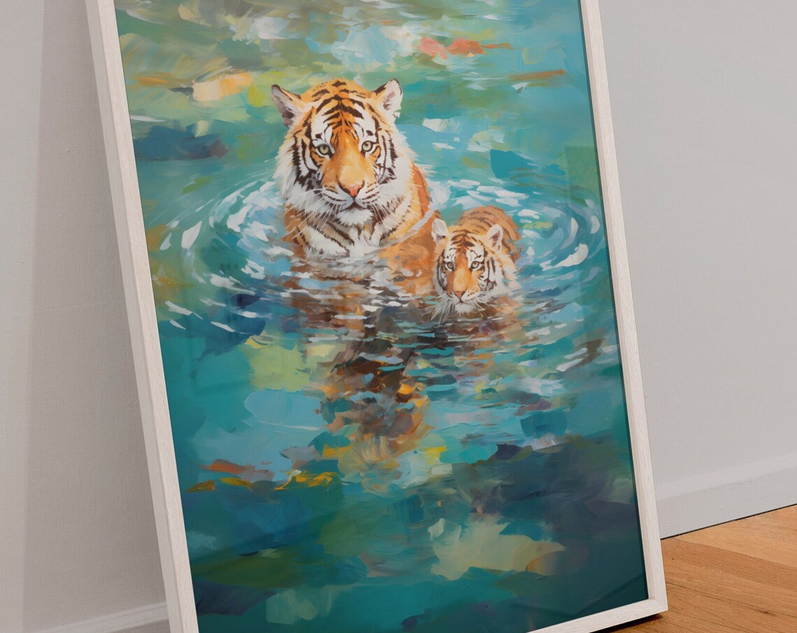 Two Tigers Swimming in Turquoise Water Wildlife Oil Painting Poster - Image 3