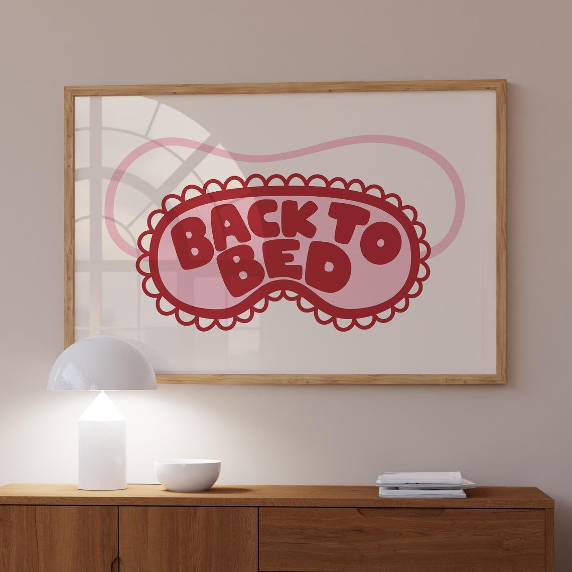 Back To Bed Red Pink Sleep Mask Art Above Bed Horizontal Poster