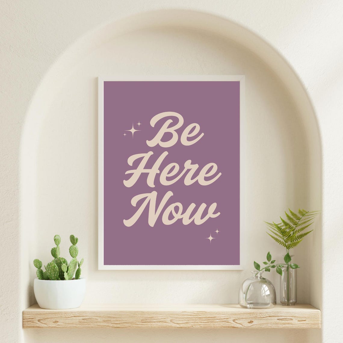 Be Here Now Mindfulness Quote Vintage Script Lettering Mauve Poster - Image 6