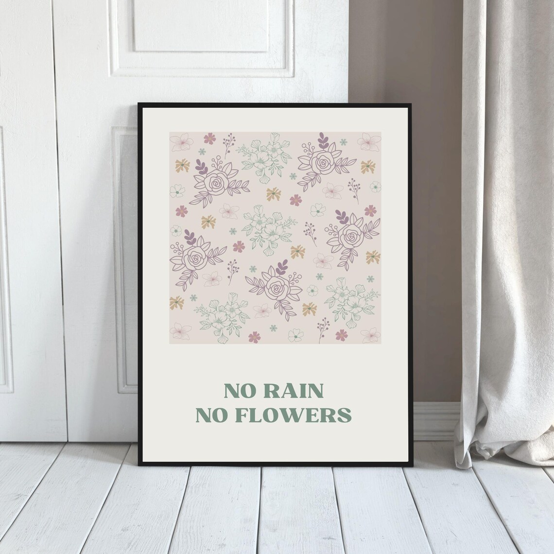 No Rain No Flowers Quote Pastel Floral Line Art Inspirational Poster - Image 2