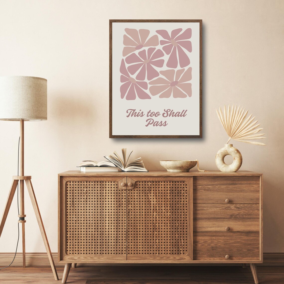 This Too Shall Pass Quote Retro Mauve Floral Comforting Wall Art - Image 5
