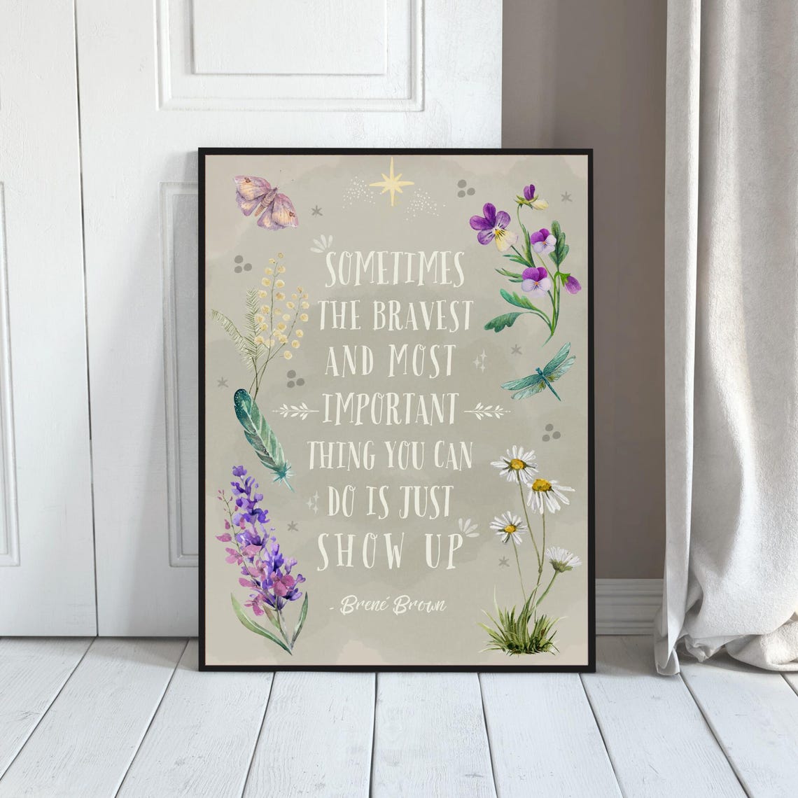 Brene Brown Show Up Courage Quote Boho Floral Watercolor Poster - Image 4