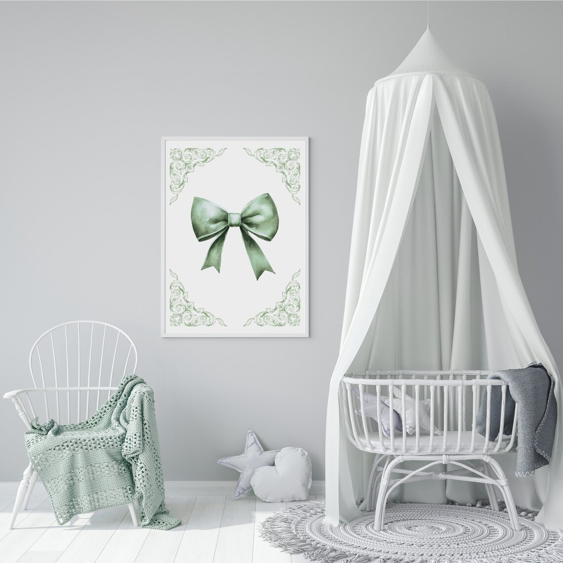 Sage Green Watercolor Ribbon Bow With Baroque Corner Flourish Poster - Image 5