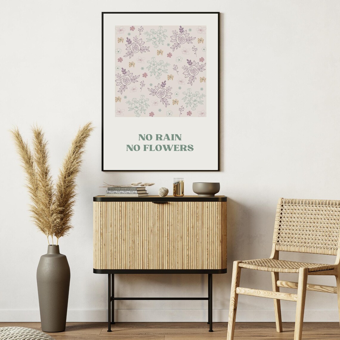 No Rain No Flowers Quote Pastel Floral Line Art Inspirational Poster - Image 6