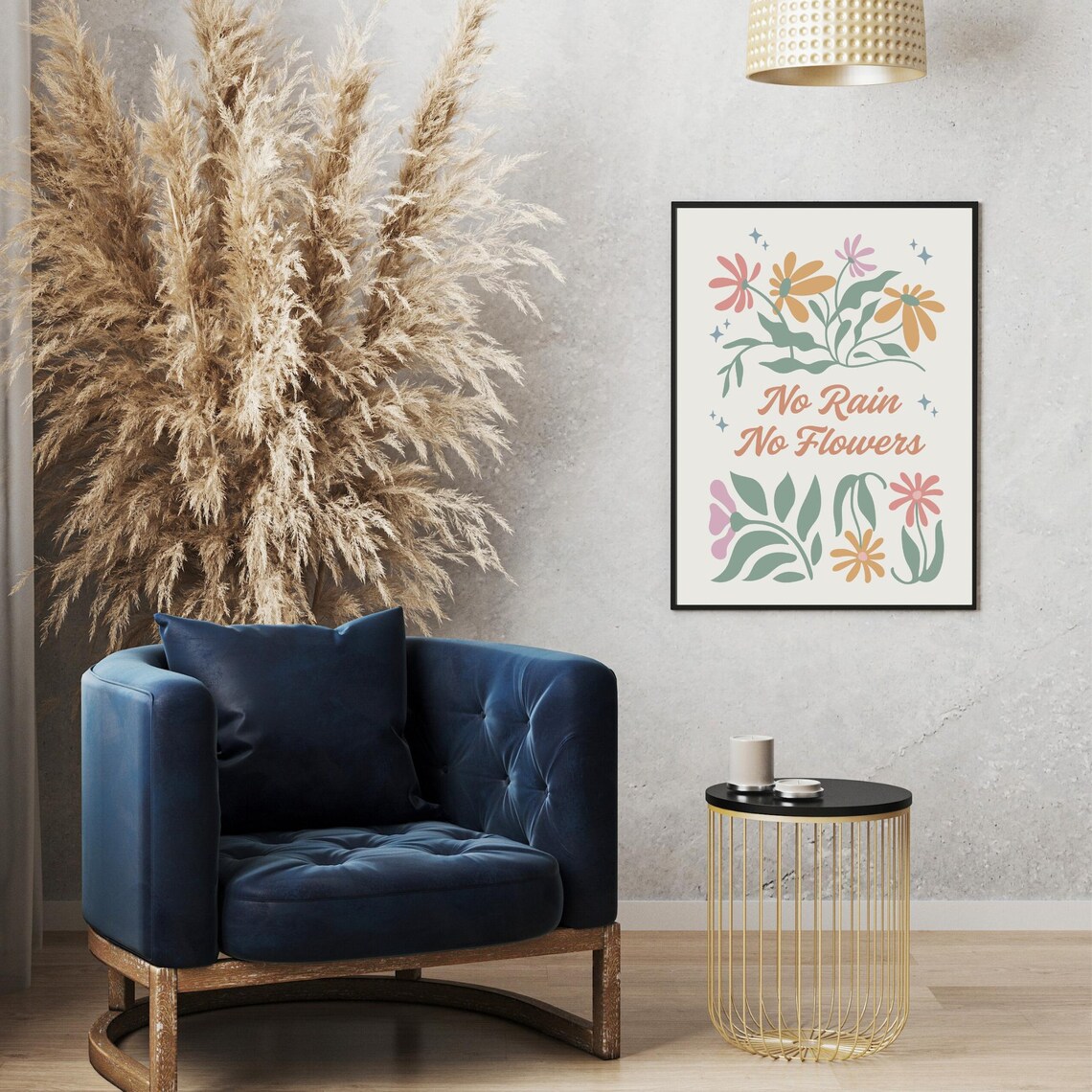 No Rain No Flowers Retro Floral Quote Art Print - Image 2