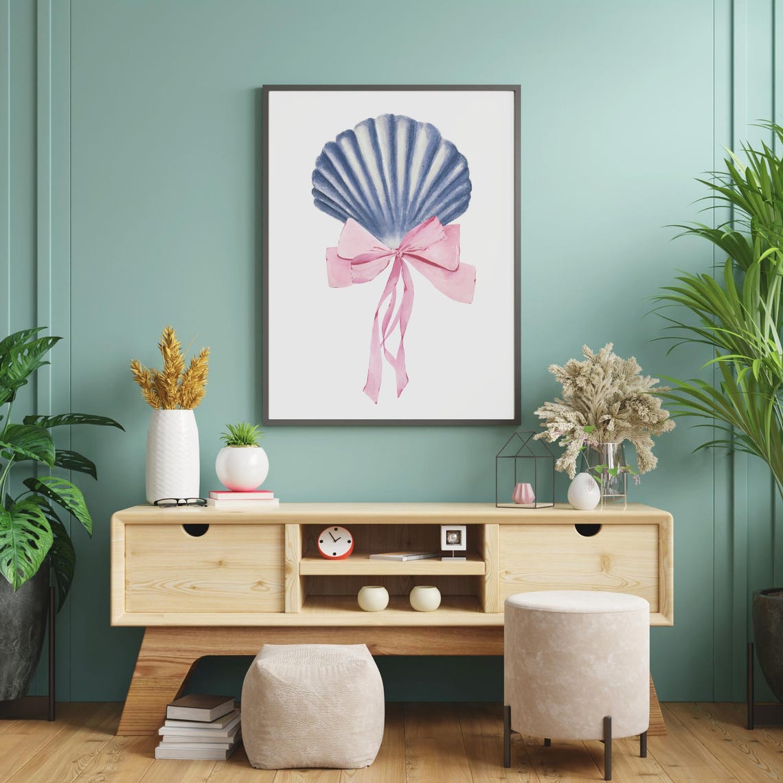 Blue Scallop Shell With Pink Bow Watercolor Coastal Beach Wall Art - Image 4