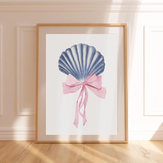 Watercolor Bow Shell Pink Coquette Bedroom Art Soft Girl Aesthetic Seashell Wall Decor Coastal Nursery Print Vintage Grandmother Grandma Art