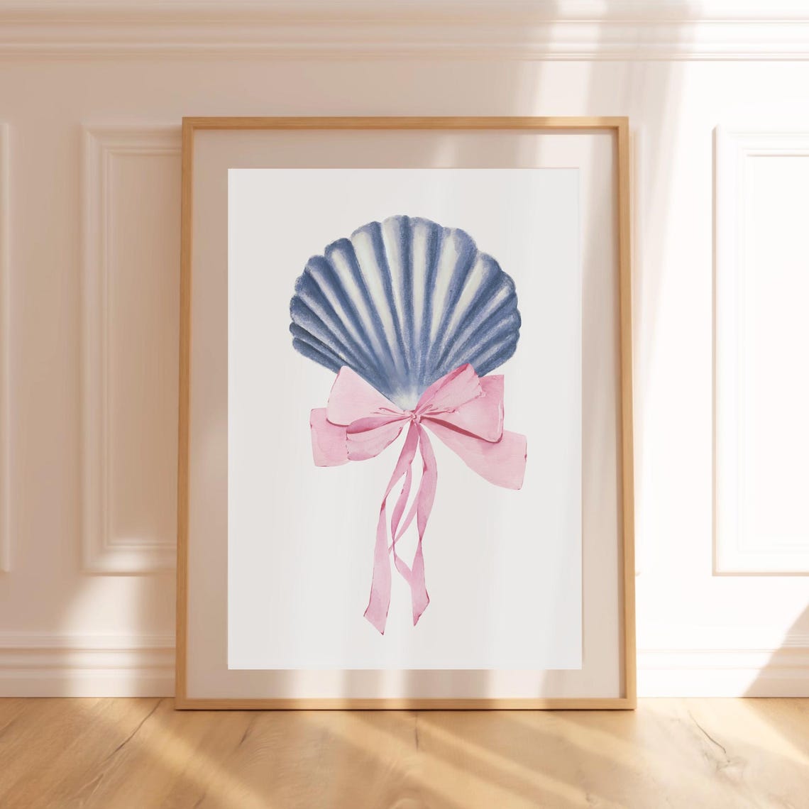 Blue Scallop Shell With Pink Bow Watercolor Coastal Beach Wall Art