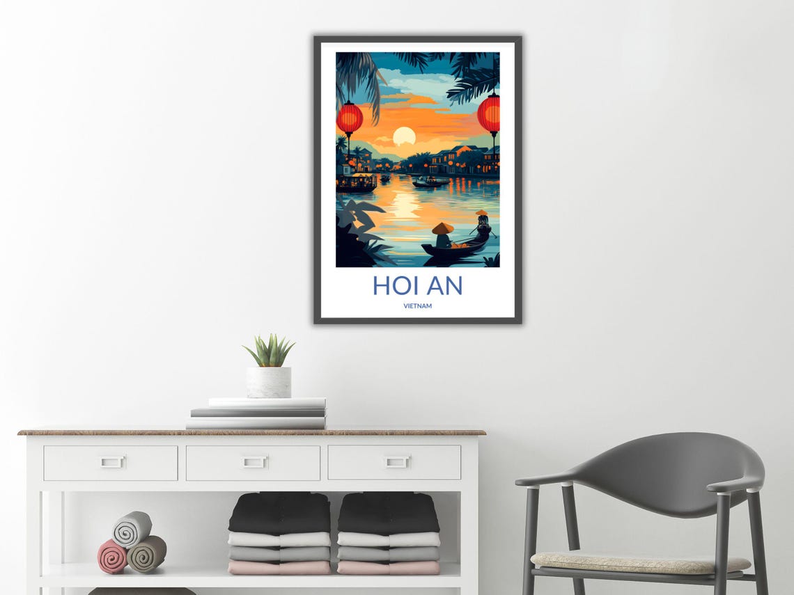Hoi An Vietnam Sunset River Lanterns Conical Hat Rower Travel Poster - Image 2