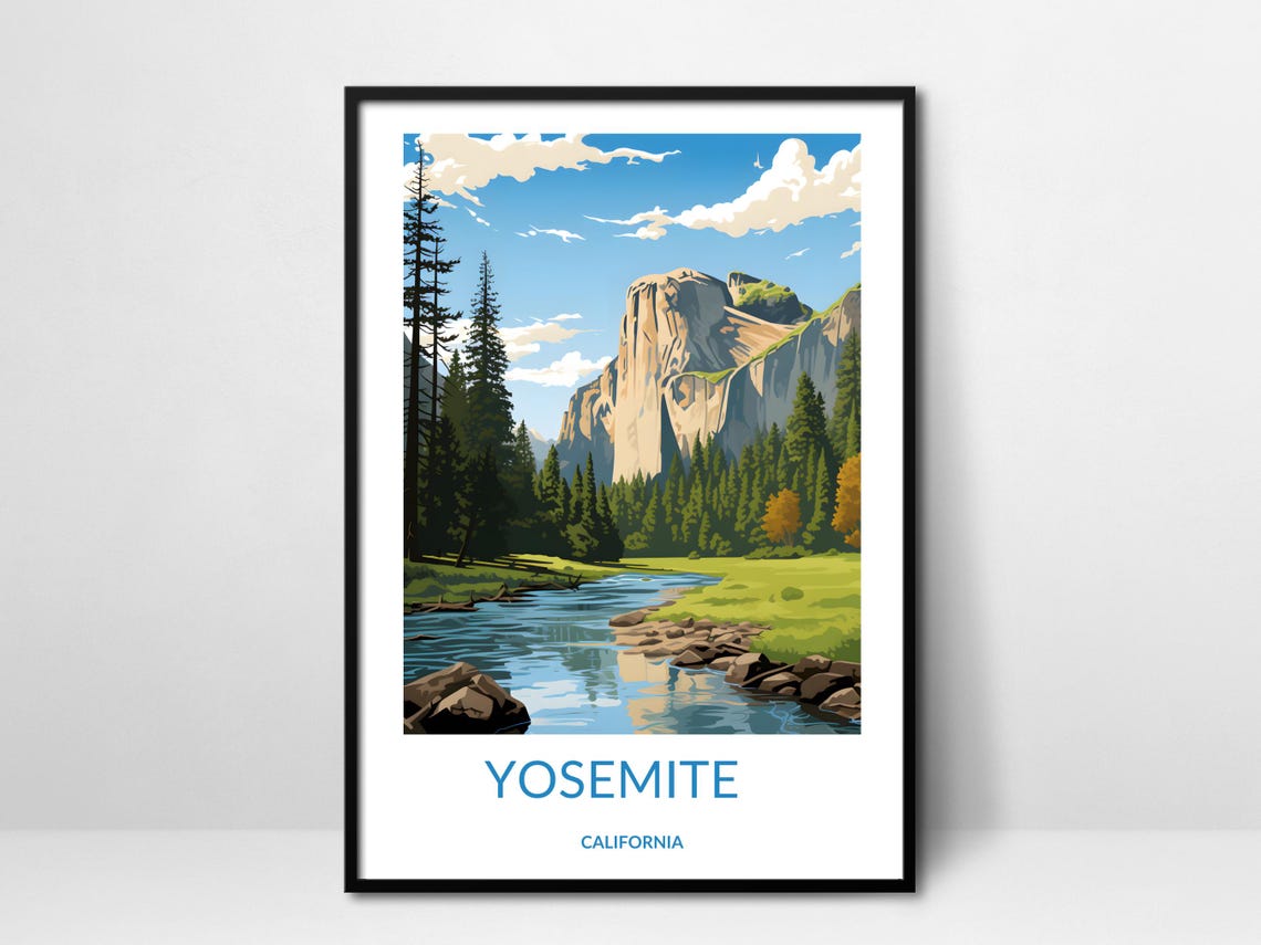 Yosemite Half Dome Pines River Reflection California Scenic Poster