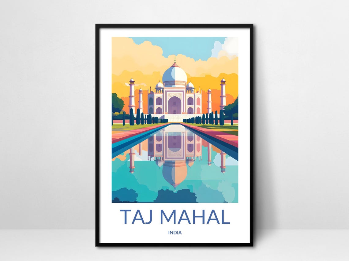 Taj Mahal India Mirrored Reflection Sunset Vintage Travel Poster