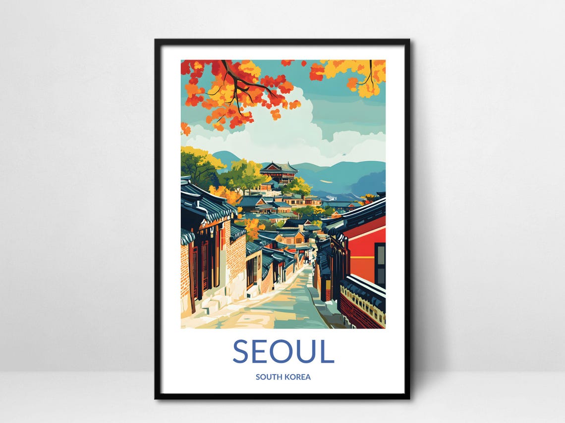 Seoul Korea Bukchon Hanok Alley Autumn Leaves Temple View Poster