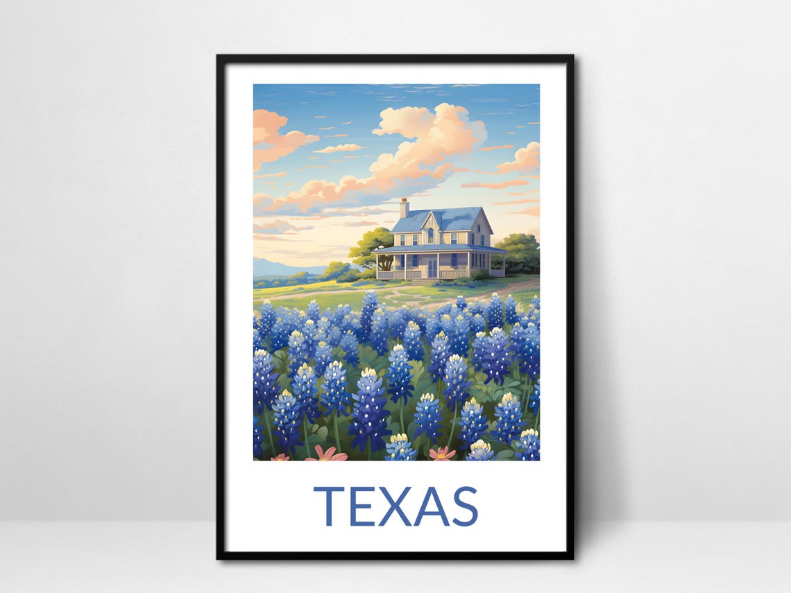 Texas Bluebonnet Field Farmhouse Sunset Bloom Spring Scenery Poster