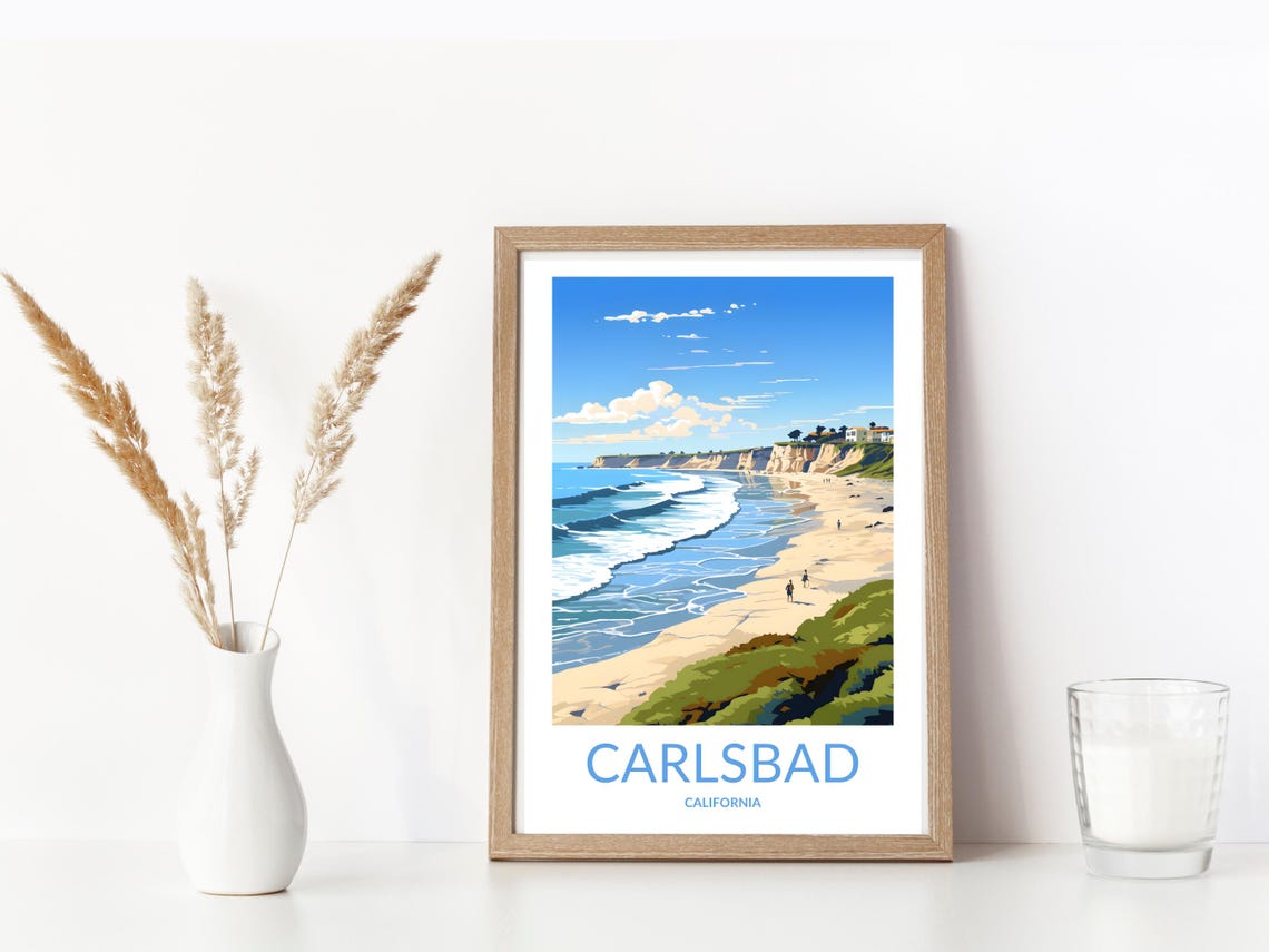 Carlsbad California Sandy Shoreline Cliffs Day Beach Scene Poster - Image 3
