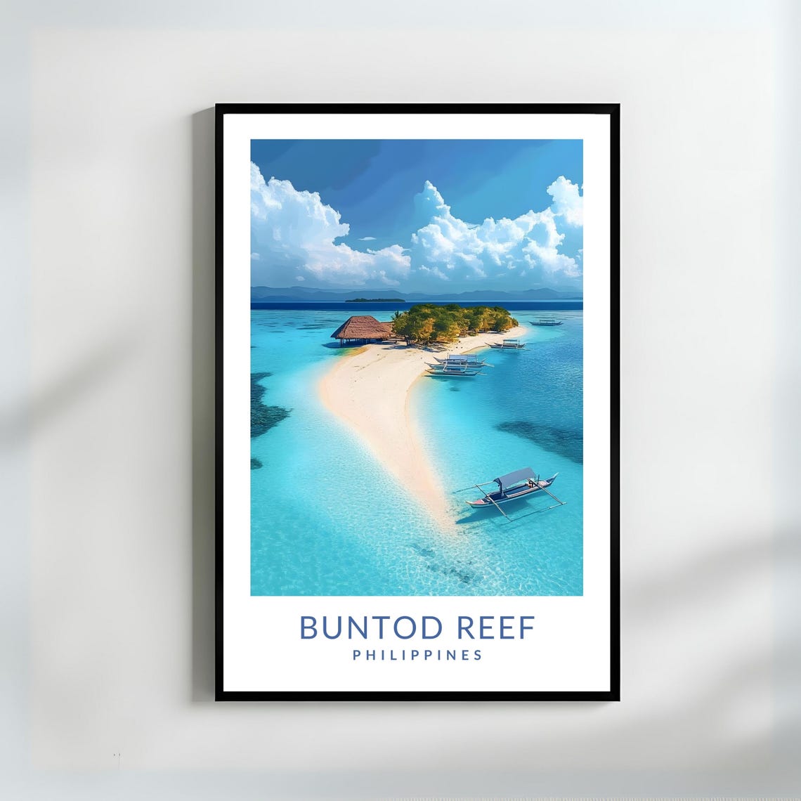 Buntod Reef Philippines Sandbar Island Hut Boats Travel Poster