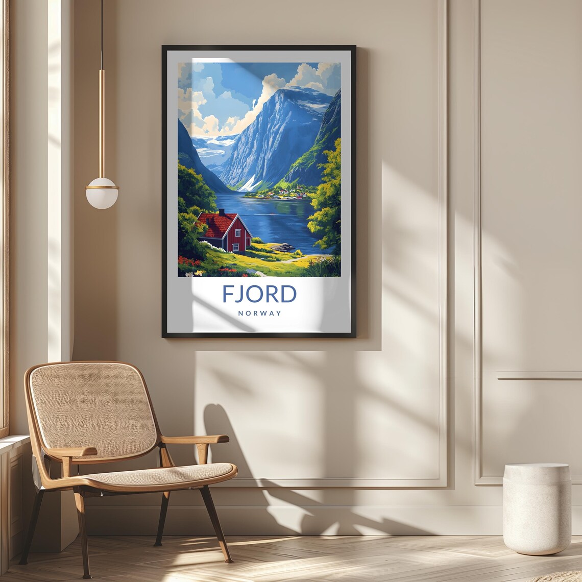 Fjord Norway Red Cabin Mountain Lake Scenic Nordic Travel Poster - Image 2