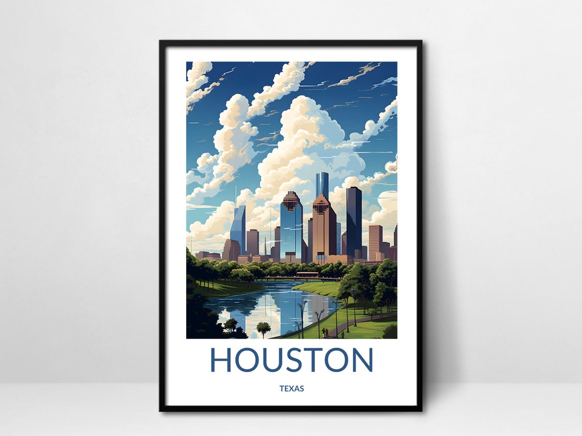 Houston Texas Daytime Skyline Bayou Green Park Retro Travel Poster