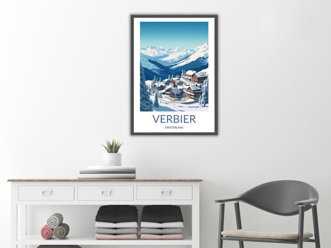 Verbier Switzerland Alpine Chalets Snowy Peaks Resort Village Poster - Image 2