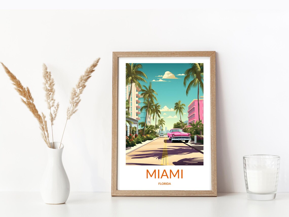 Miami Florida Pink Classic Car Retro Street Travel Scene Poster - Image 3