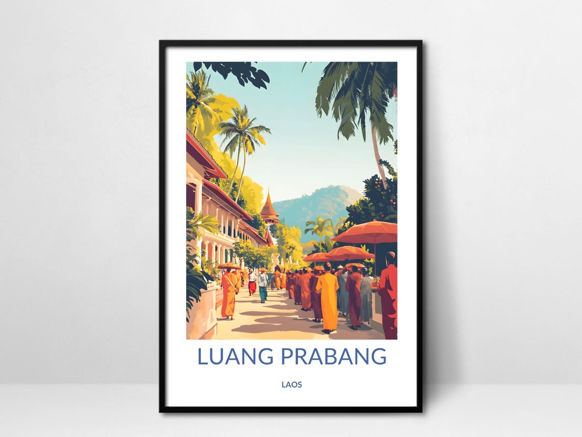 Luang Prabang Laos Morning Alms Giving Monks Cultural Travel Poster