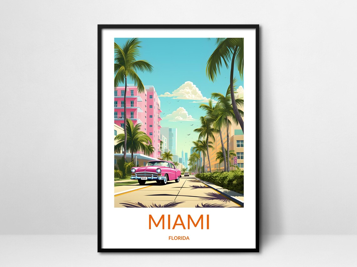 Miami Florida Pink Vintage Car Palm Street Art Deco Travel Poster