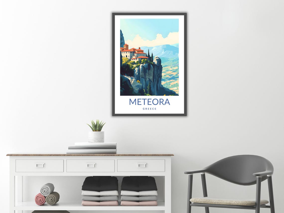 Meteora Greece Clifftop Monastery Vintage Travel Poster Valley View - Image 2