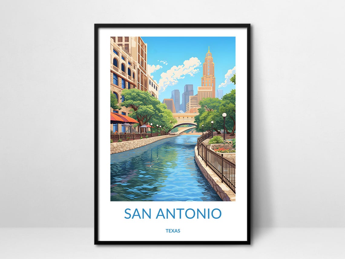 San Antonio Texas River Walk Bridge Canal Scene Travel Poster
