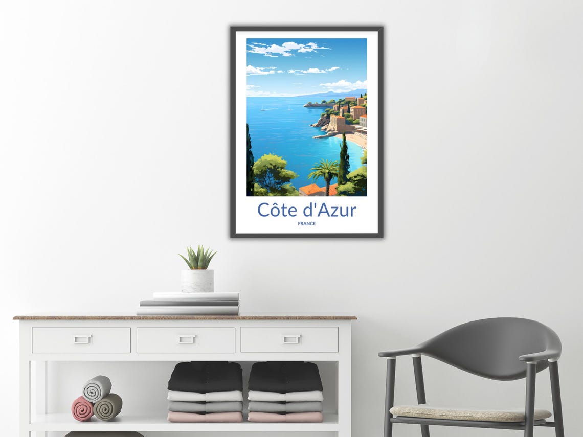 French Riviera Coastal Town Palm Trees Mediterranean Sea Poster - Image 2