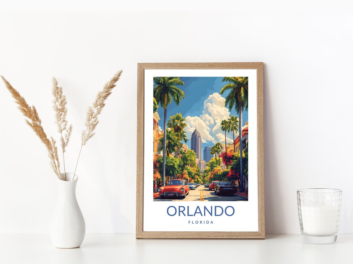 Orlando Florida Vintage Downtown Poster Palm Street Classic Car Artwork - Image 3