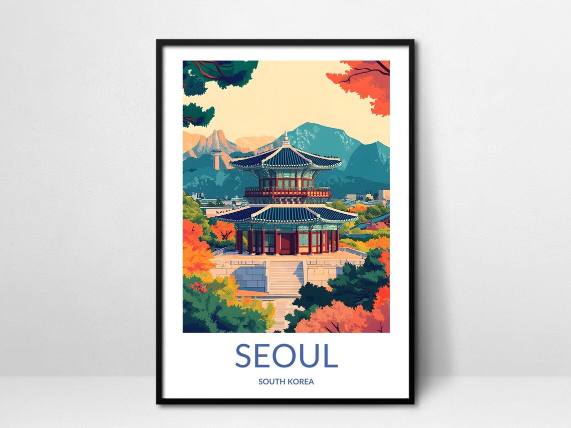Seoul South Korea Palace Pavilion Mountain View Autumn Travel Poster