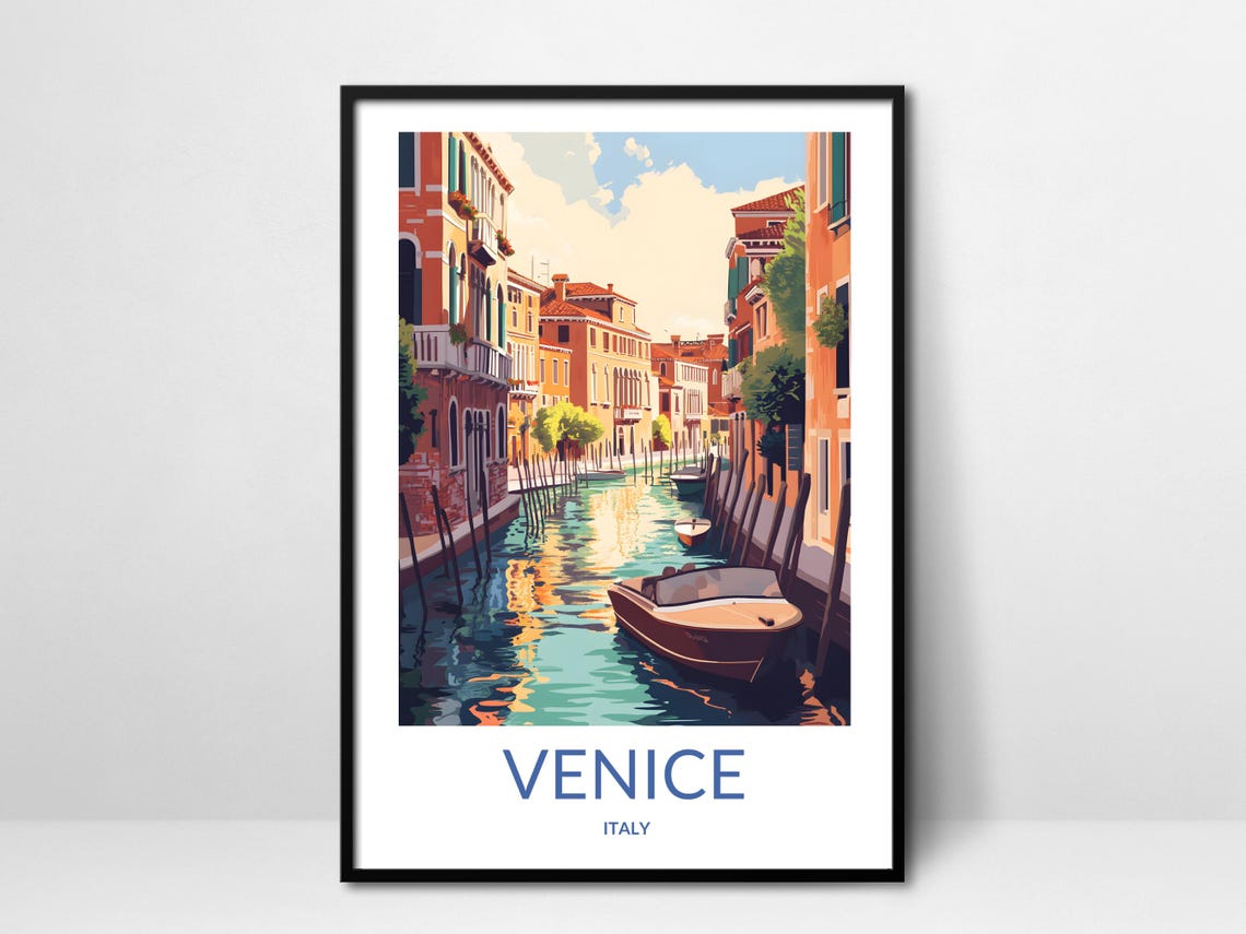 Venice Italy Grand Canal Boat and Colorful Buildings Travel Poster