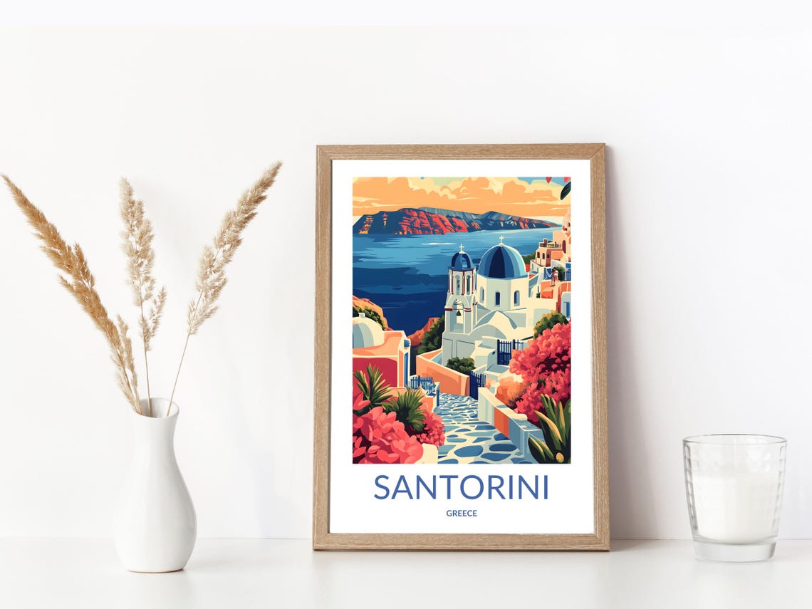 Santorini Blue Dome Church Pink Flowers Sunset Caldera View Poster - Image 3