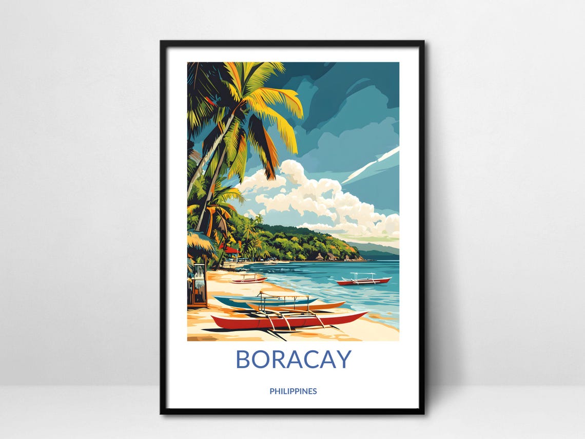 Boracay Philippines Tropical Beach Boats Palm Trees Travel Poster